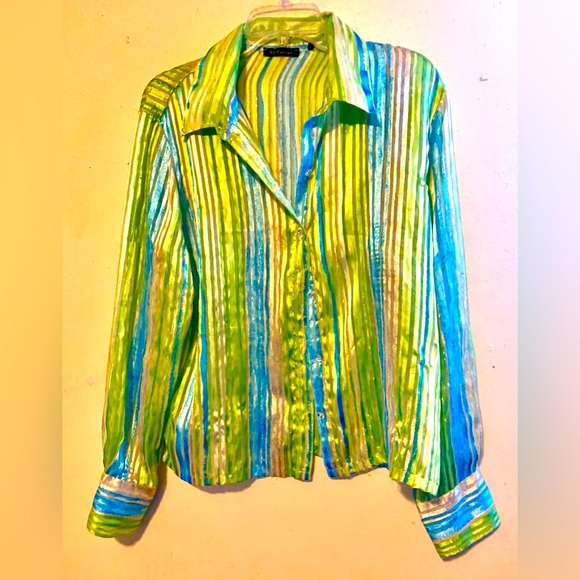 La Caviar Sheer Striped Button Down Top, Size Large - Picture 2 of 5